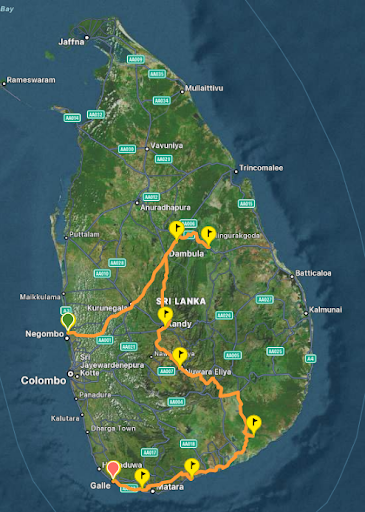 Route of Pedal Sri Lanka tour
